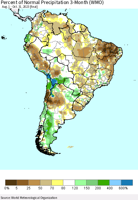 South America Percent of Normal Precipitation 3-Month (WMO) Thematic Map For 8/1/2023 - 10/31/2023