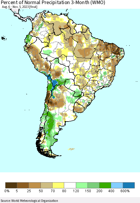 South America Percent of Normal Precipitation 3-Month (WMO) Thematic Map For 8/6/2023 - 11/5/2023