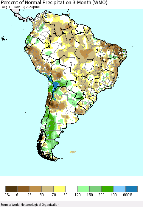 South America Percent of Normal Precipitation 3-Month (WMO) Thematic Map For 8/11/2023 - 11/10/2023