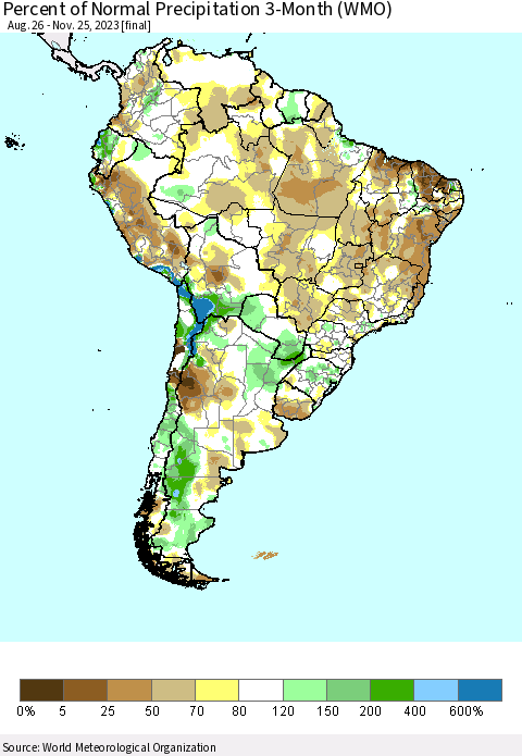 South America Percent of Normal Precipitation 3-Month (WMO) Thematic Map For 8/26/2023 - 11/25/2023