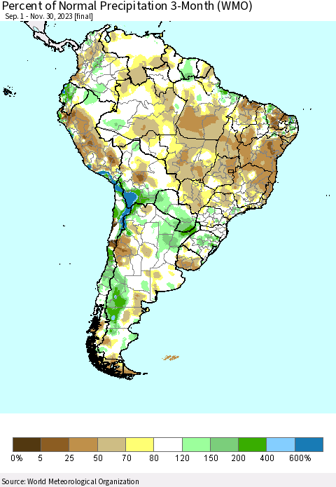 South America Percent of Normal Precipitation 3-Month (WMO) Thematic Map For 9/1/2023 - 11/30/2023