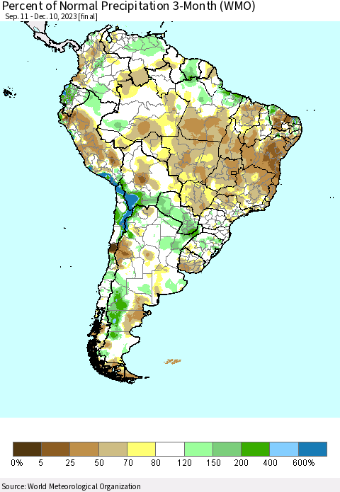 South America Percent of Normal Precipitation 3-Month (WMO) Thematic Map For 9/11/2023 - 12/10/2023