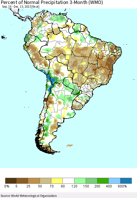 South America Percent of Normal Precipitation 3-Month (WMO) Thematic Map For 9/16/2023 - 12/15/2023