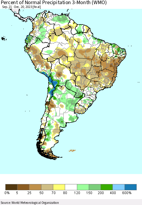 South America Percent of Normal Precipitation 3-Month (WMO) Thematic Map For 9/21/2023 - 12/20/2023