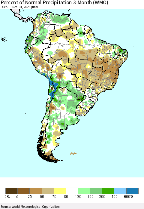 South America Percent of Normal Precipitation 3-Month (WMO) Thematic Map For 10/1/2023 - 12/31/2023