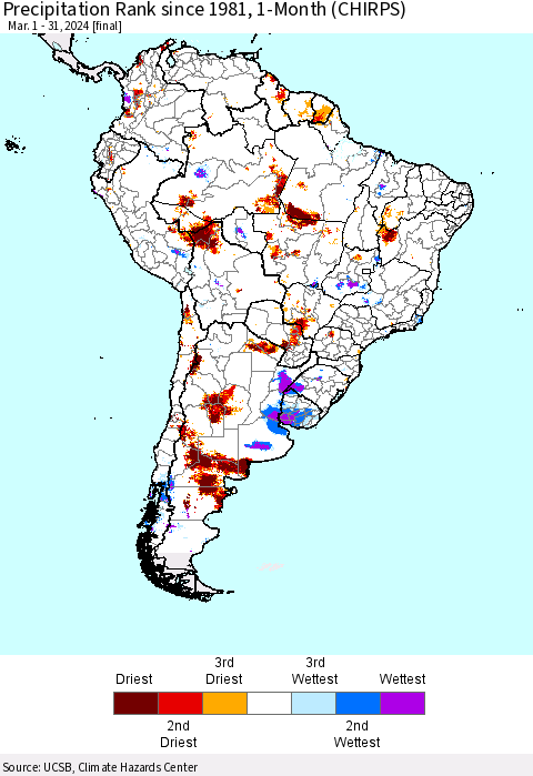 South America Precipitation Rank since 1981, 1-Month (CHIRPS) Thematic Map For 3/1/2024 - 3/31/2024