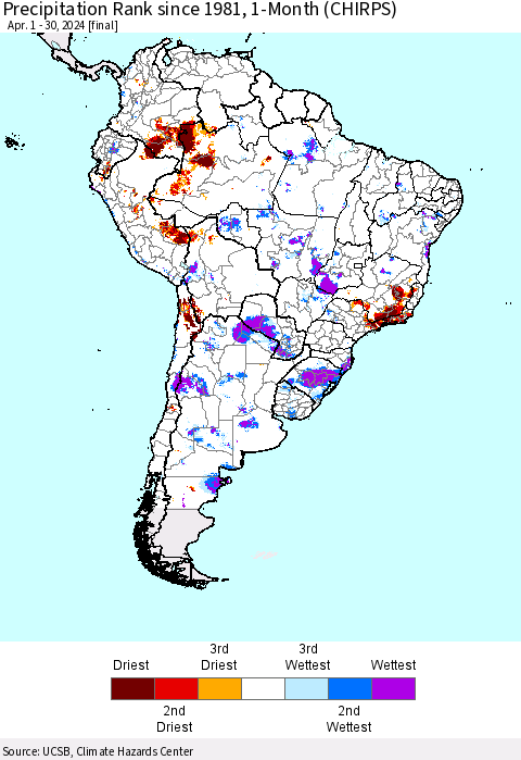 South America Precipitation Rank since 1981, 1-Month (CHIRPS) Thematic Map For 4/1/2024 - 4/30/2024