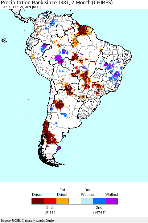 South America Precipitation Rank since 1981, 2-Month (CHIRPS) Thematic Map For 1/1/2024 - 2/29/2024