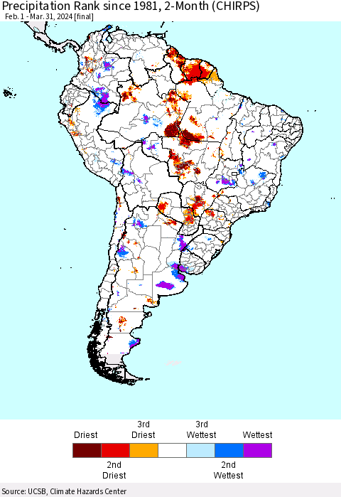South America Precipitation Rank since 1981, 2-Month (CHIRPS) Thematic Map For 2/1/2024 - 3/31/2024