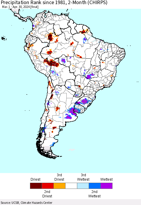 South America Precipitation Rank since 1981, 2-Month (CHIRPS) Thematic Map For 3/1/2024 - 4/30/2024