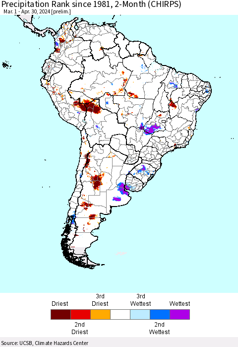 South America Precipitation Rank since 1981, 2-Month (CHIRPS) Thematic Map For 3/1/2024 - 4/30/2024
