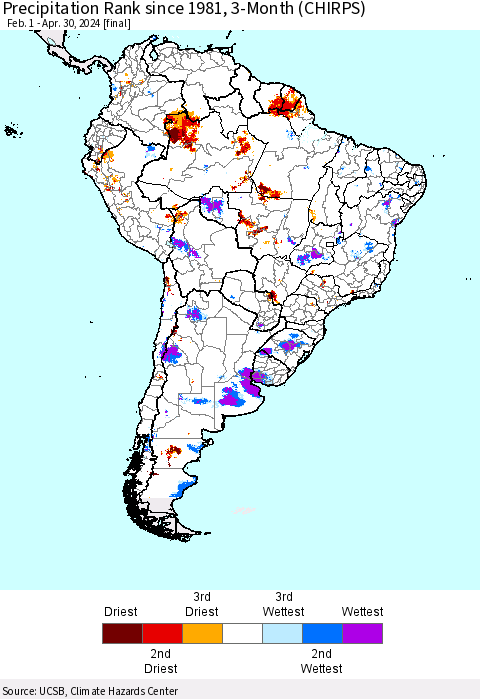 South America Precipitation Rank since 1981, 3-Month (CHIRPS) Thematic Map For 2/1/2024 - 4/30/2024