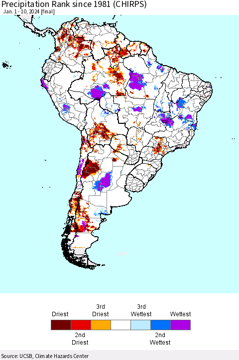 South America Precipitation Rank since 1981 (CHIRPS) Thematic Map For 1/1/2024 - 1/10/2024
