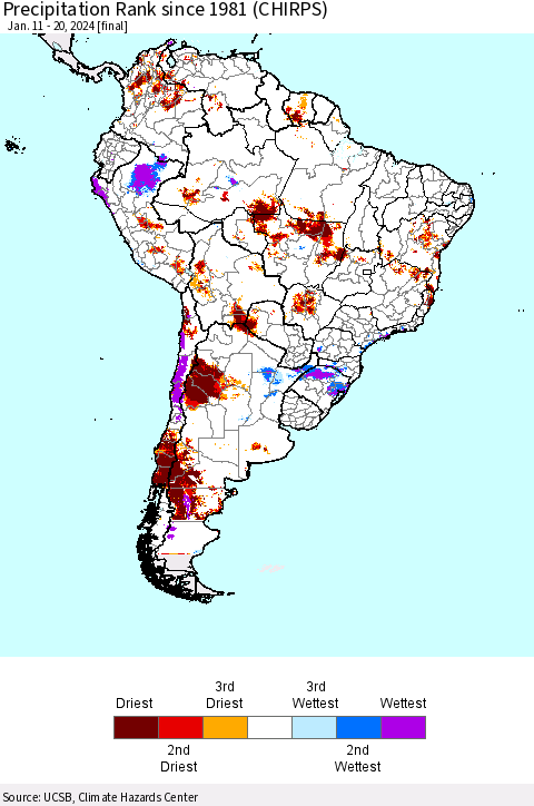 South America Precipitation Rank since 1981 (CHIRPS) Thematic Map For 1/11/2024 - 1/20/2024
