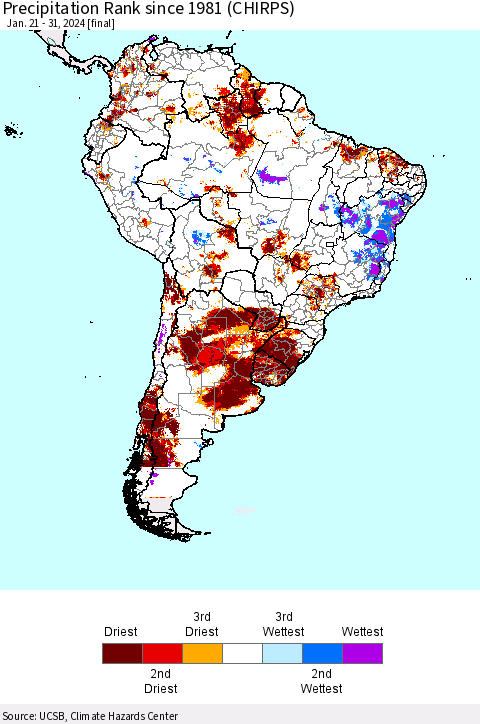 South America Precipitation Rank since 1981 (CHIRPS) Thematic Map For 1/21/2024 - 1/31/2024