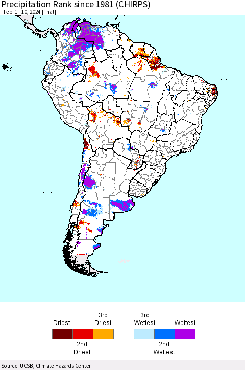 South America Precipitation Rank since 1981 (CHIRPS) Thematic Map For 2/1/2024 - 2/10/2024