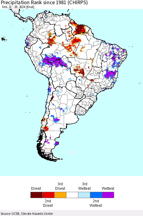 South America Precipitation Rank since 1981 (CHIRPS) Thematic Map For 2/21/2024 - 2/29/2024