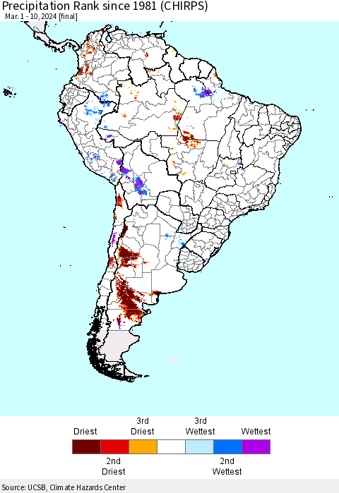 South America Precipitation Rank since 1981 (CHIRPS) Thematic Map For 3/1/2024 - 3/10/2024