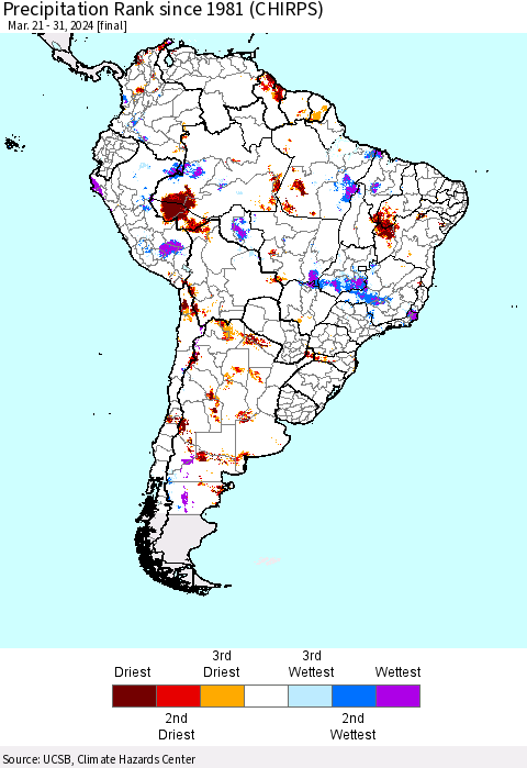 South America Precipitation Rank since 1981 (CHIRPS) Thematic Map For 3/21/2024 - 3/31/2024
