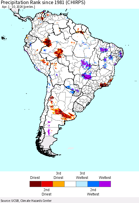 South America Precipitation Rank since 1981 (CHIRPS) Thematic Map For 4/1/2024 - 4/10/2024