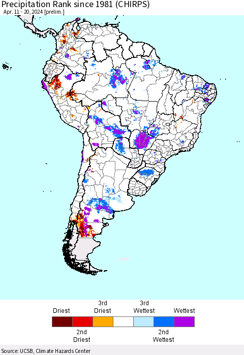 South America Precipitation Rank since 1981 (CHIRPS) Thematic Map For 4/11/2024 - 4/20/2024