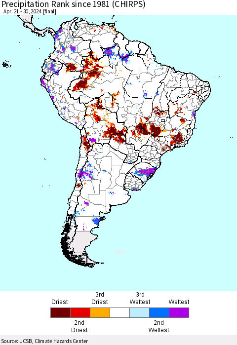 South America Precipitation Rank since 1981 (CHIRPS) Thematic Map For 4/21/2024 - 4/30/2024
