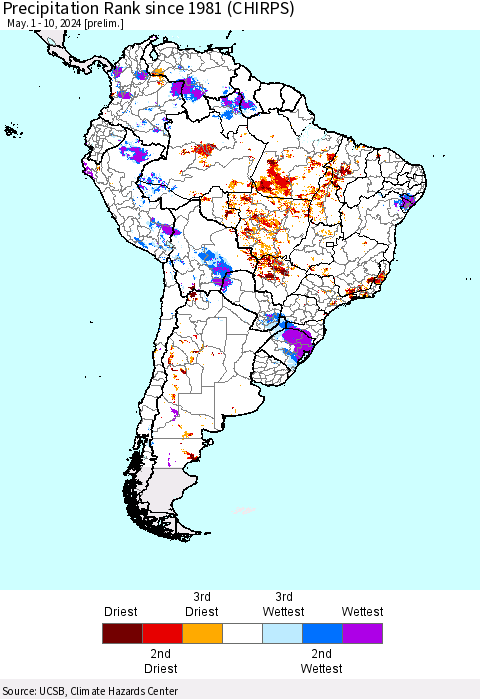 South America Precipitation Rank since 1981 (CHIRPS) Thematic Map For 5/1/2024 - 5/10/2024