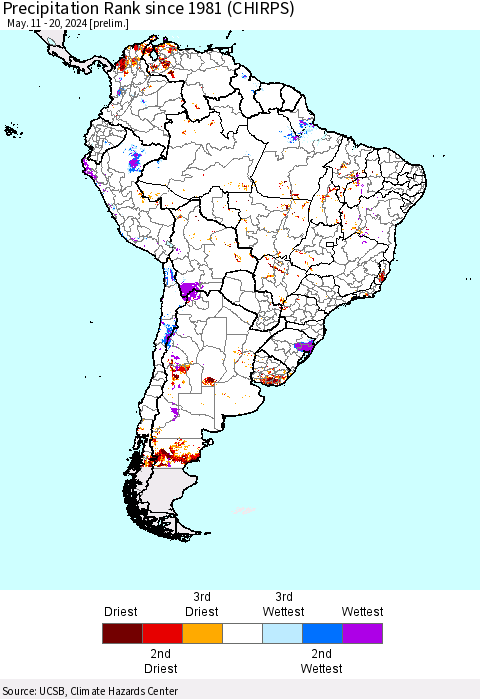South America Precipitation Rank since 1981 (CHIRPS) Thematic Map For 5/11/2024 - 5/20/2024