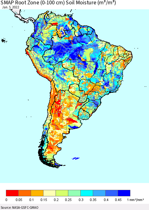 South America SMAP Root Zone (0-100 cm) Soil Moisture (m³/m³) Thematic Map For 1/1/2022 - 1/5/2022