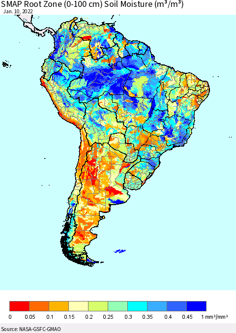 South America SMAP Root Zone (0-100 cm) Soil Moisture (m³/m³) Thematic Map For 1/6/2022 - 1/10/2022