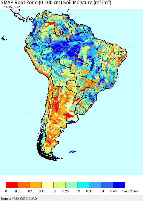 South America SMAP Root Zone (0-100 cm) Soil Moisture (m³/m³) Thematic Map For 1/11/2022 - 1/15/2022