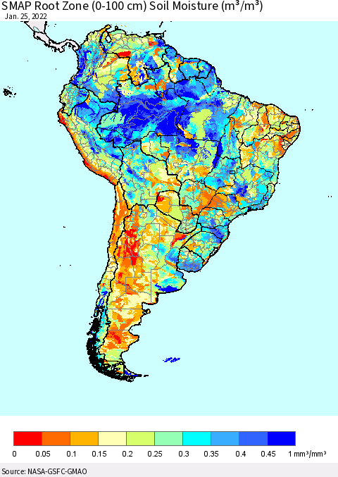 South America SMAP Root Zone (0-100 cm) Soil Moisture (m³/m³) Thematic Map For 1/21/2022 - 1/25/2022