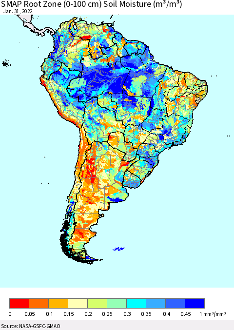 South America SMAP Root Zone (0-100 cm) Soil Moisture (m³/m³) Thematic Map For 1/26/2022 - 1/31/2022