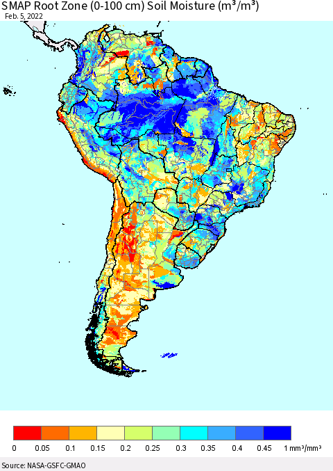 South America SMAP Root Zone (0-100 cm) Soil Moisture (m³/m³) Thematic Map For 2/1/2022 - 2/5/2022