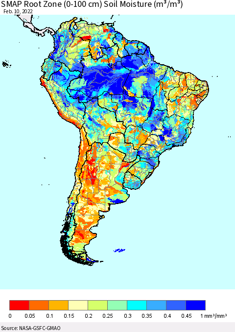 South America SMAP Root Zone (0-100 cm) Soil Moisture (m³/m³) Thematic Map For 2/6/2022 - 2/10/2022