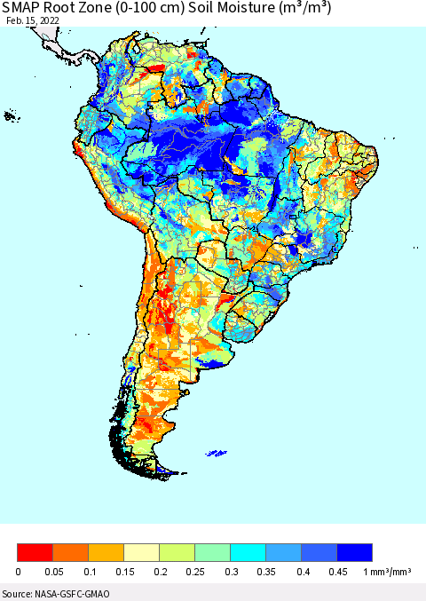 South America SMAP Root Zone (0-100 cm) Soil Moisture (m³/m³) Thematic Map For 2/11/2022 - 2/15/2022