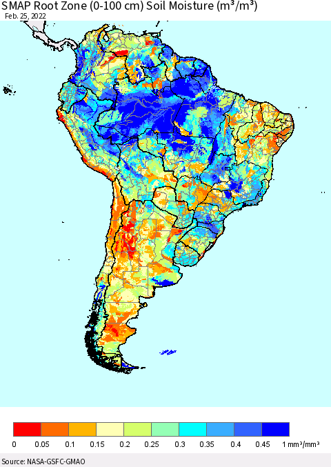South America SMAP Root Zone (0-100 cm) Soil Moisture (m³/m³) Thematic Map For 2/21/2022 - 2/25/2022