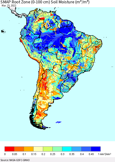 South America SMAP Root Zone (0-100 cm) Soil Moisture (m³/m³) Thematic Map For 3/21/2022 - 3/25/2022