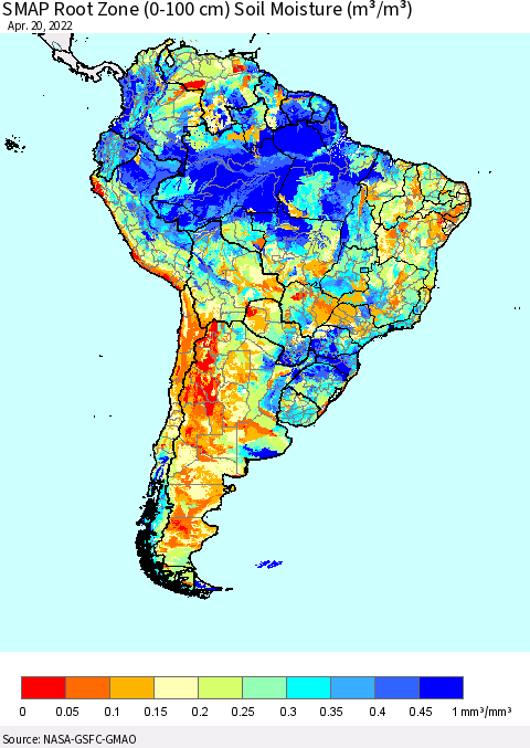 South America SMAP Root Zone (0-100 cm) Soil Moisture (m³/m³) Thematic Map For 4/16/2022 - 4/20/2022