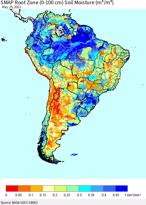 South America SMAP Root Zone (0-100 cm) Soil Moisture (m³/m³) Thematic Map For 5/21/2022 - 5/25/2022