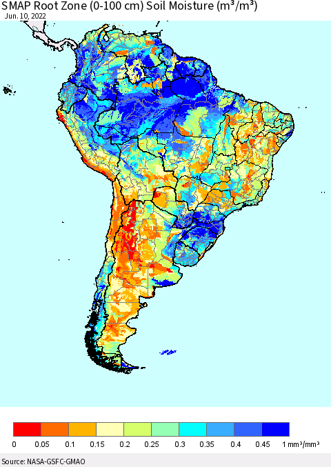 South America SMAP Root Zone (0-100 cm) Soil Moisture (m³/m³) Thematic Map For 6/6/2022 - 6/10/2022