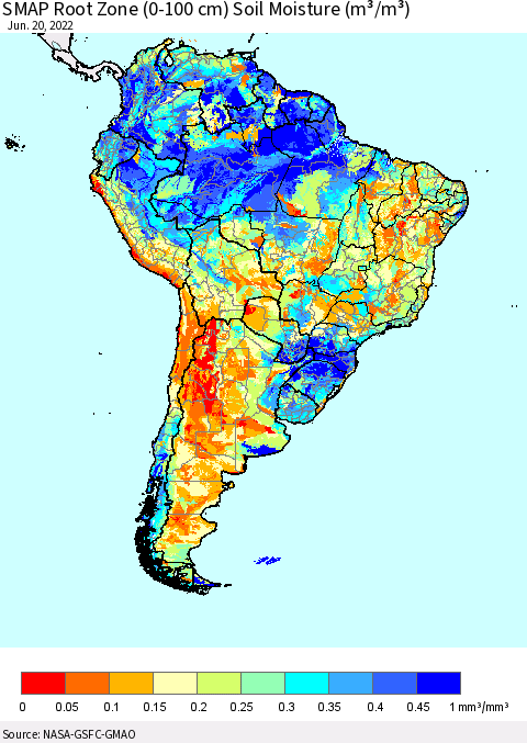South America SMAP Root Zone (0-100 cm) Soil Moisture (m³/m³) Thematic Map For 6/16/2022 - 6/20/2022