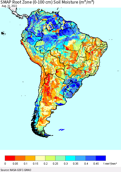 South America SMAP Root Zone (0-100 cm) Soil Moisture (m³/m³) Thematic Map For 8/26/2022 - 8/31/2022