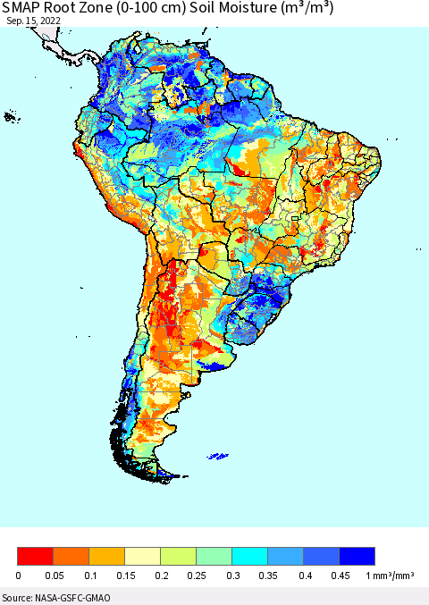 South America SMAP Root Zone (0-100 cm) Soil Moisture (m³/m³) Thematic Map For 9/11/2022 - 9/15/2022