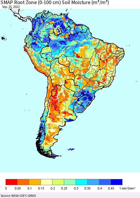 South America SMAP Root Zone (0-100 cm) Soil Moisture (m³/m³) Thematic Map For 9/16/2022 - 9/20/2022