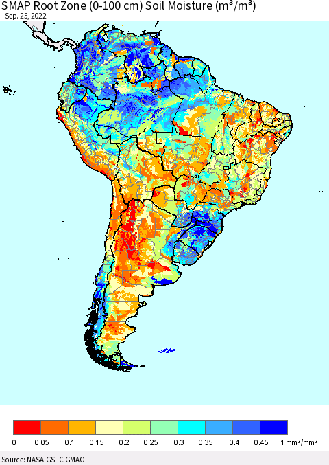 South America SMAP Root Zone (0-100 cm) Soil Moisture (m³/m³) Thematic Map For 9/21/2022 - 9/25/2022