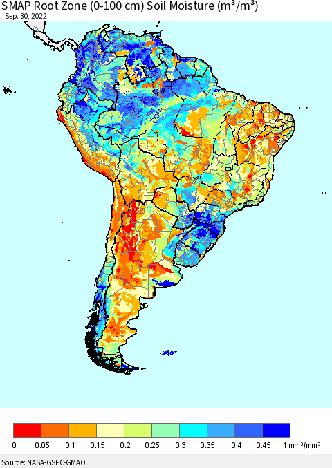 South America SMAP Root Zone (0-100 cm) Soil Moisture (m³/m³) Thematic Map For 9/26/2022 - 9/30/2022