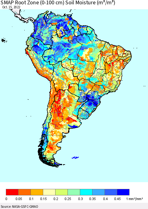 South America SMAP Root Zone (0-100 cm) Soil Moisture (m³/m³) Thematic Map For 10/11/2022 - 10/15/2022