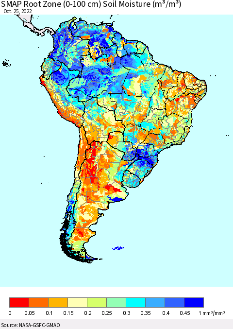 South America SMAP Root Zone (0-100 cm) Soil Moisture (m³/m³) Thematic Map For 10/21/2022 - 10/25/2022