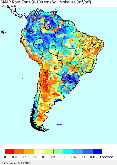 South America SMAP Root Zone (0-100 cm) Soil Moisture (m³/m³) Thematic Map For 10/26/2022 - 10/31/2022